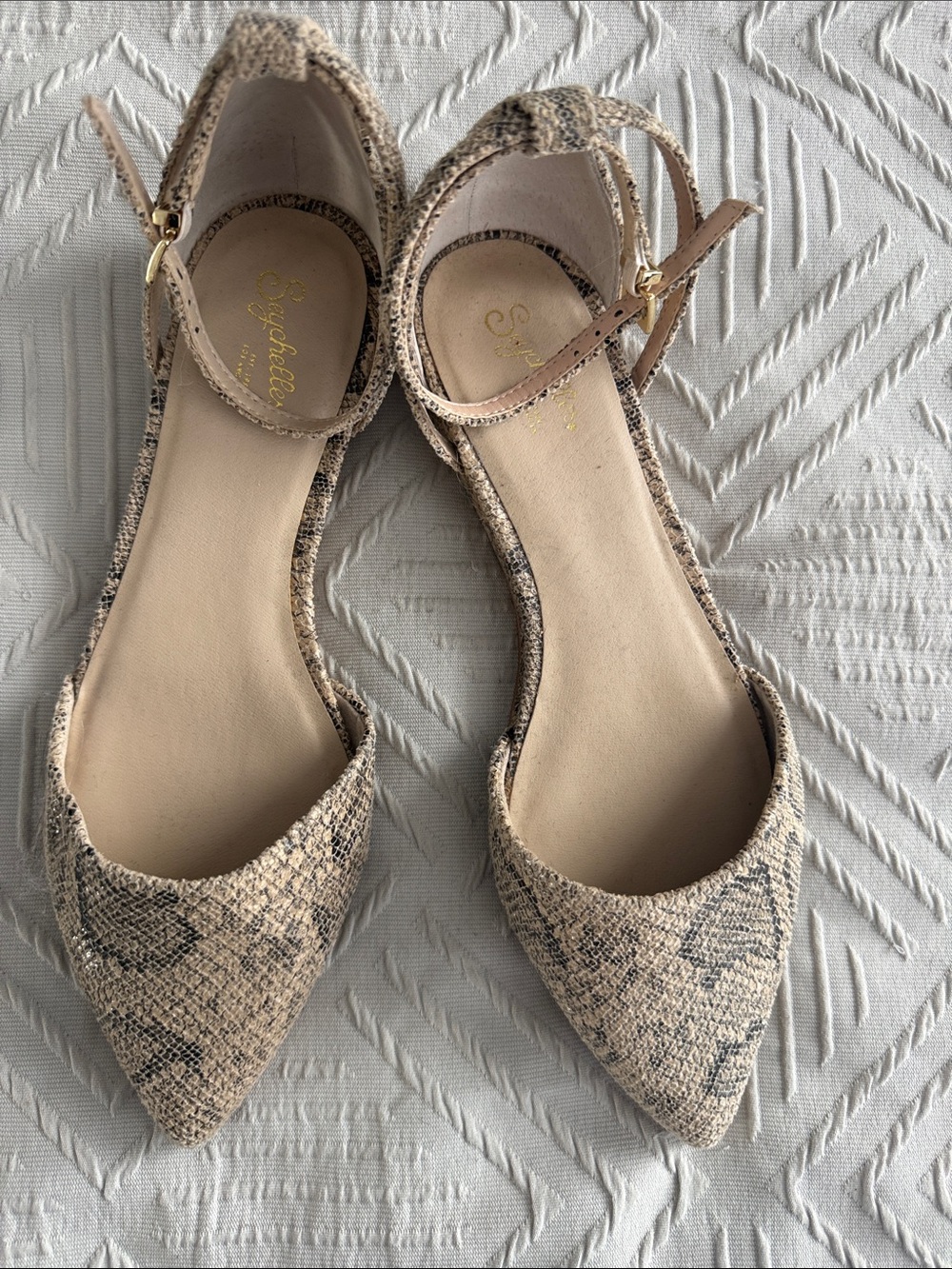 Seychelles Beige Snake-Print Pointed Toe Ankle-Strap Flats